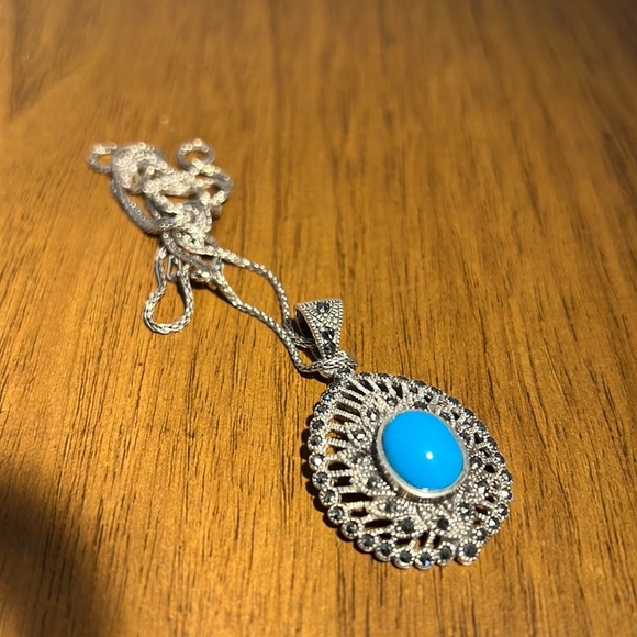 Sterling silver pendant w/ blue stone sterling silver chain 925 marked vintage - Picture 3 of 8